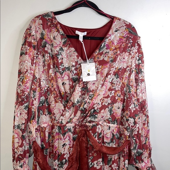 NWT LC Lauren Conrad Burgundy Floral Sequin Dress - Size 2X #246 - Picture 6 of 12